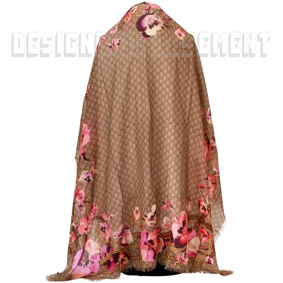GUCCI pink Oshibana Flowers PANSHIE GG gold Chains giant 53"-square wool scarf - Picture 7 of 10